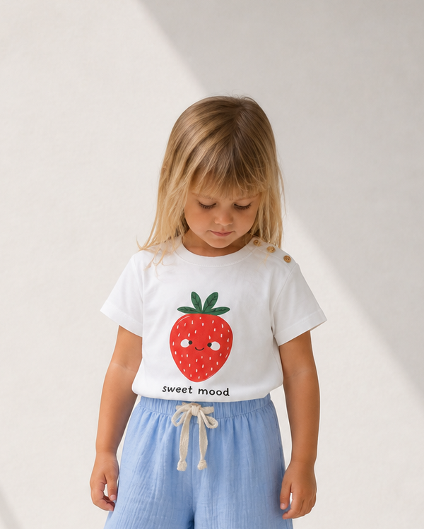 Bebek T-shirt | 6 Ay – 3 Yaş | Ekru | Çilek Baskı | %100 Pamuk Yazlık | RG387
