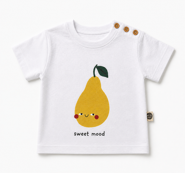 Bebek T-shirt | 6 Ay – 3 Yaş | Ekru & Kahve | Armut Baskı | %100 Pamuk Yazlık | RG388