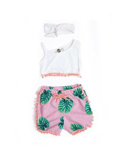 Girl's Patterned Swim Shorts, Crop Top and Headband