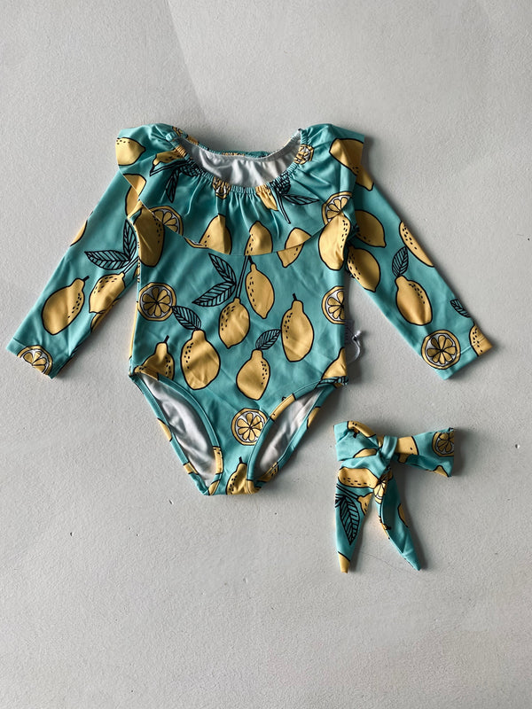 Kinder-Badeanzug mit Rüschenkragen, Langarm & Haarspange | 3–9 Jahre | RG Brand | RG1597