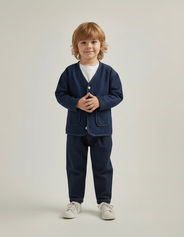 Çocuk kot ceket oversize kesimiyle 3–9 yaş kız ve erkek çocuklar için rahat kullanım sunar. Dayanıklı denim yapısıyla günlük kombinlere uyum sağlar.