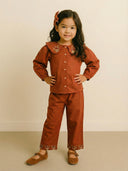 Kız Çocuk 3’lü Keten Takım | %100 Pamuk Bluz, Pantolon & Saç Bandı | 3-9 Yaş | RG1714