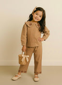 Kız Çocuk 3’lü Keten Takım | %100 Pamuk Bluz, Pantolon & Saç Bandı | 3-9 Yaş | RG1714