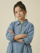 Çocuk Kot Elbise | Düğmeli Yaka, Uzun Kollu, Büzgü Detaylı | Günlük ve Şık Jean Elbise | RG1741