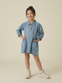 Çocuk Kot Elbise | Düğmeli Yaka, Uzun Kollu, Büzgü Detaylı | Günlük ve Şık Jean Elbise | RG1741