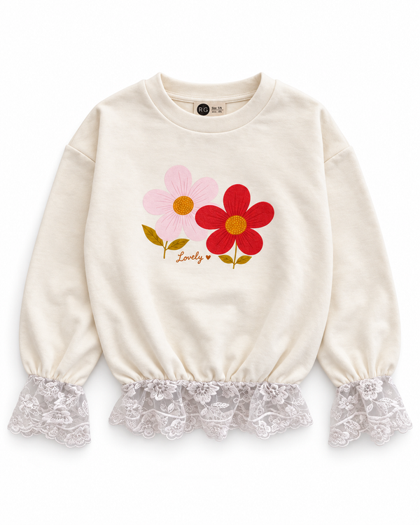 RG1796 ekru kız çocuk sweatshirt ön görünüm; papatya baskısı, bisiklet yaka, kol ve etek uçlarında beyaz dantel.