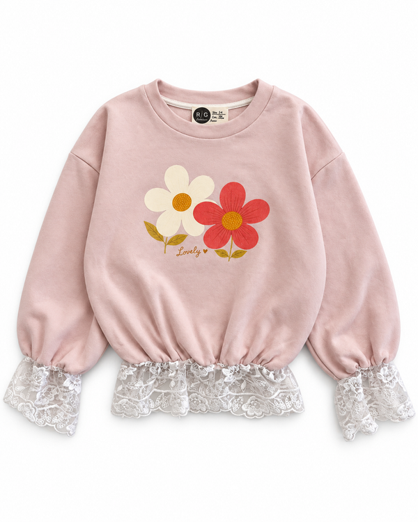 RG1796 pembe kız çocuk sweatshirt ön görünüm; papatya baskısı, bisiklet yaka, kol ve etek uçlarında beyaz dantel.
