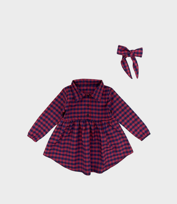 Baby Half Button Front Plaid Patterned Dress and Headband