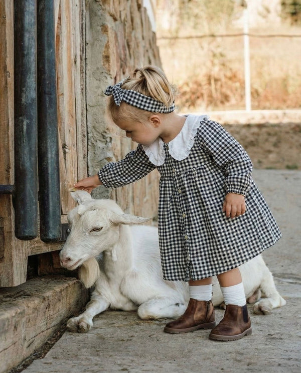 Kariertes Musselin-Kleid- und Haarband-Set für Baby-Mädchen – Langarm | RG271