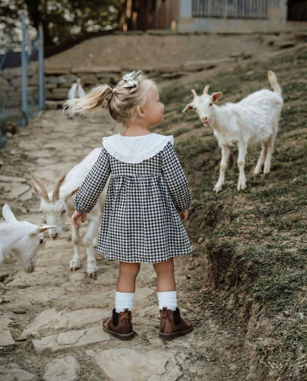 Kariertes Musselin-Kleid- und Haarband-Set für Baby-Mädchen – Langarm | RG271