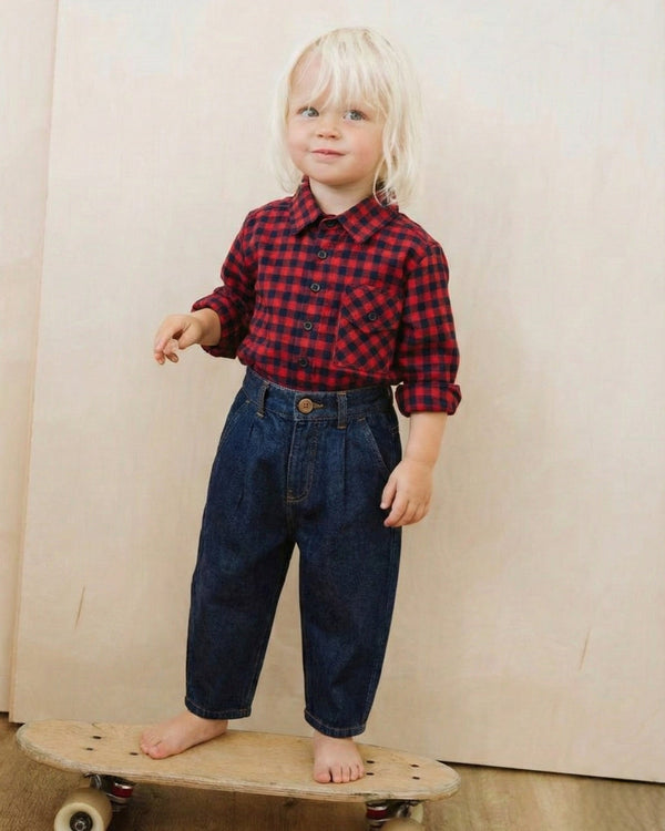 RG302 bebek ekose gömlek ile kombinlenen denim pantolon, 6 ay–3 yaş kombin görseli