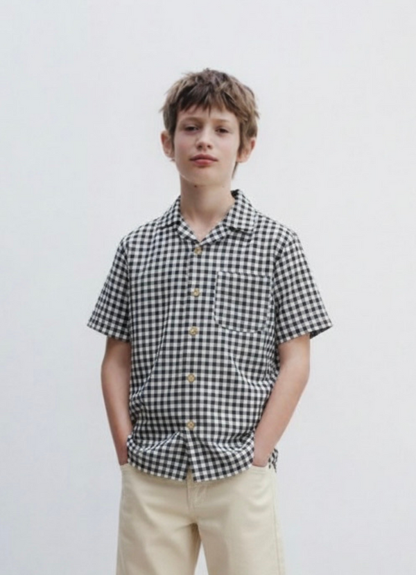 Young Boy's Short-Sleeved Muslin Plaid Shirt with Pockets | Ages 9–15 | Lightweight Summer Kids' Shirt | RG3357