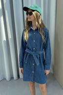 Genç Kot Elbise – Kemerli, Düğmeli, Gömlek Yaka, Uzun Kollu