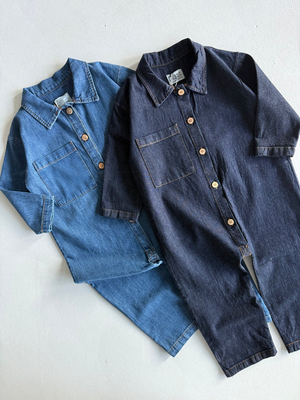 Girls' and Boys' Denim Jumpsuit | Ages 3–9 | Blue, Navy | Long-Sleeved with Pockets | RG Brand | RG1734