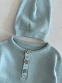 Half Button Natural Waffle Baby Romper and Beanie