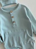 Half Button Natural Waffle Baby Romper and Beanie