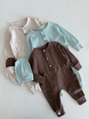 Half Button Natural Waffle Baby Romper and Beanie