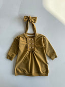 Bebek Önden Düğmeli ve Pileli Elbise-Saç Bandı 2 Parça Takım