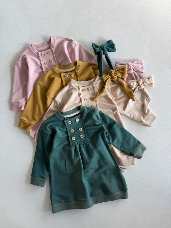 100% Natural Cotton Baby Button-Front Pleated Dress & Headband 2-Piece Set | Baby Girl | RG306