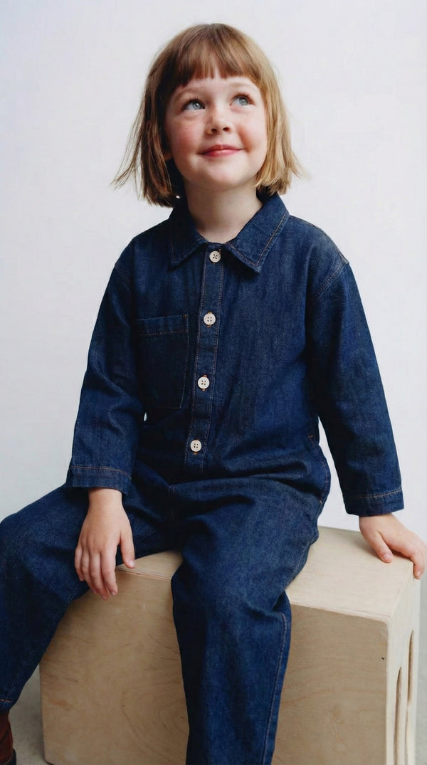Kız ve erkek çocuk kot tulum düğmeli, uzun kollu ve cepli tasarımıyla günlük kullanımda konfor sunar. Dayanıklı denim yapısıyla rahat hareket sağlar. Şimdi sipariş verin!