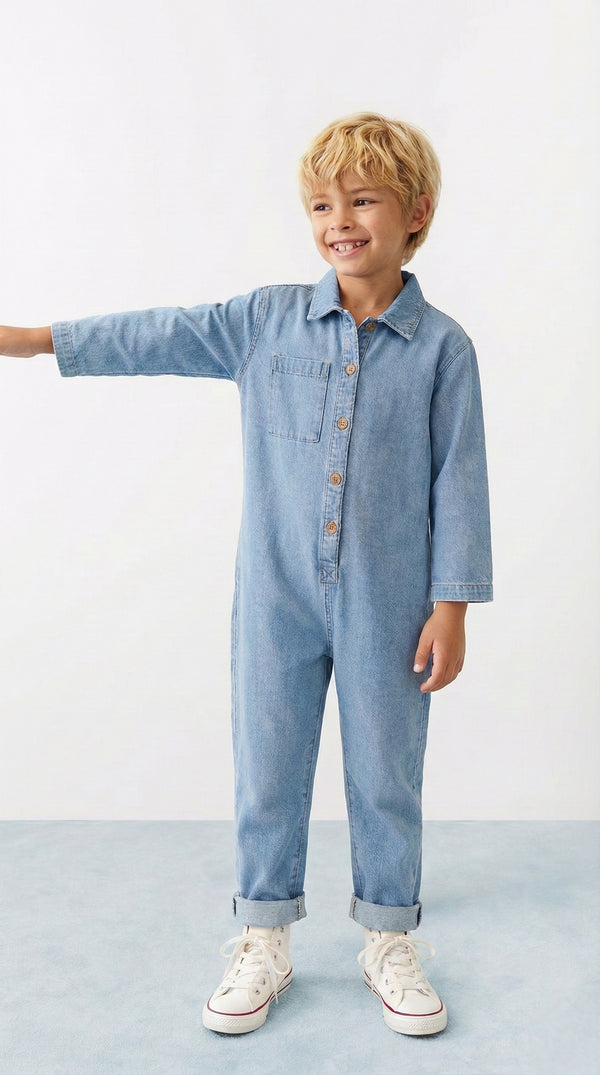 Kız ve erkek çocuk kot tulum düğmeli, uzun kollu ve cepli tasarımıyla günlük kullanımda konfor sunar. Dayanıklı denim yapısıyla rahat hareket sağlar. Şimdi sipariş verin!