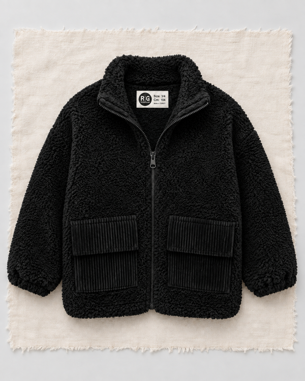 RG Brand RG1779 siyah dik yaka peluş çocuk ceket, ön görünüm.