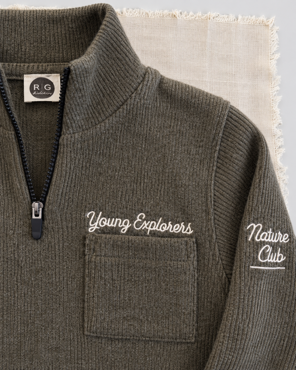 RG Brand RG3727 haki nakışlı yarım fermuarlı Selanik kazak, kumaş ve işçilik detayı.