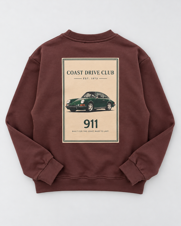 RG Brand RG3746 bordo genç sweatshirt arka görünüm; Coast Drive Club, 911 ve yeşil araba baskısı.