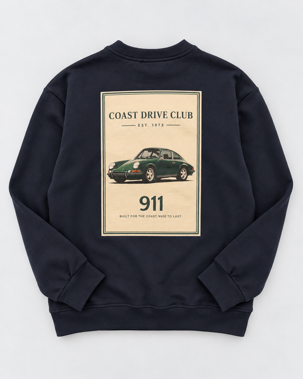 RG Brand RG3746 lacivert genç sweatshirt arka görünüm; Coast Drive Club, 911 ve yeşil araba baskısı.