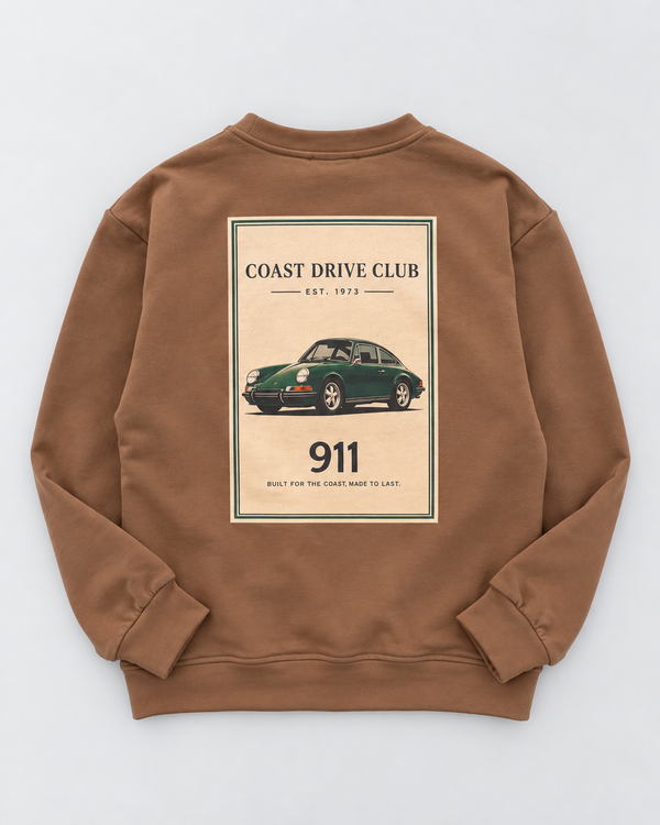 RG Brand RG3746 taş genç sweatshirt arka görünüm; Coast Drive Club, 911 ve yeşil araba baskısı.