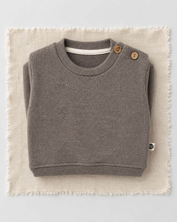 RG Brand RG395 bej omuzdan düğmeli Selanik bebek sweatshirt, katlı görünüm.