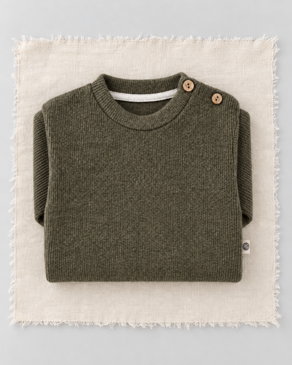RG Brand RG395 haki omuzdan düğmeli Selanik bebek sweatshirt, katlı görünüm.