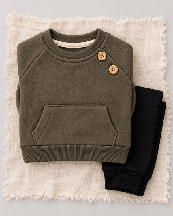 RG Brand RG401 haki üç iplik omuzdan düğmeli bebek takım, katlı görünüm.