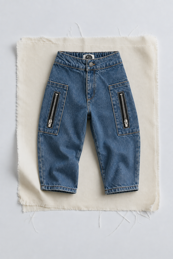 Krem kumaş üzerinde mavi çocuk denim pantolon, iki fermuarlı kargo cep ve düğmeli bel | RG1775