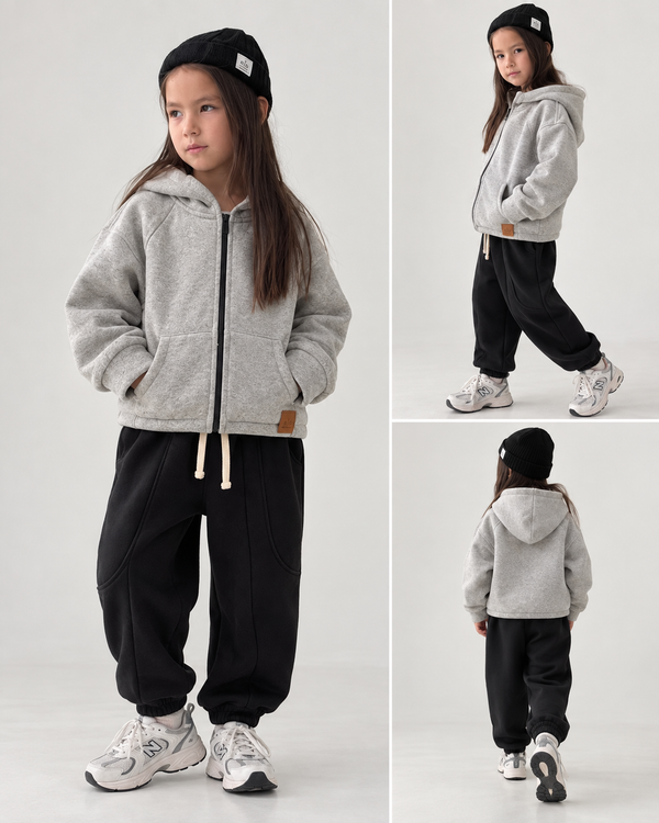 Gri RG1791 çocuk sweatshirt ön, yan ve arka görünüm kolajı