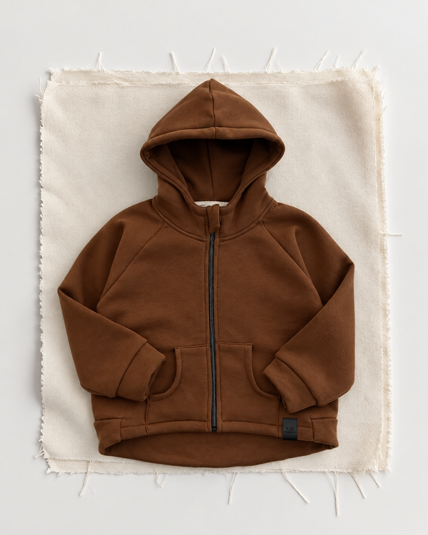 Kahverengi RG1791 kapüşonlu fermuarlı sweatshirt düz zeminde ürün görünümü