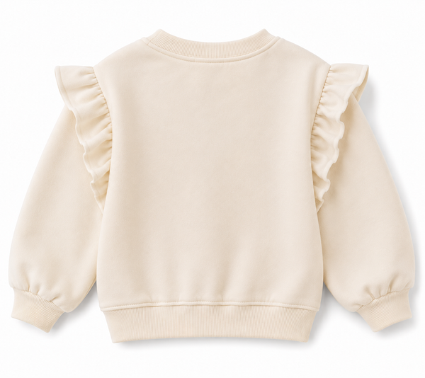 Ekru kız çocuk sweatshirt, omuz fırfırlarıyla arkadan ürün görünümü | RG1793