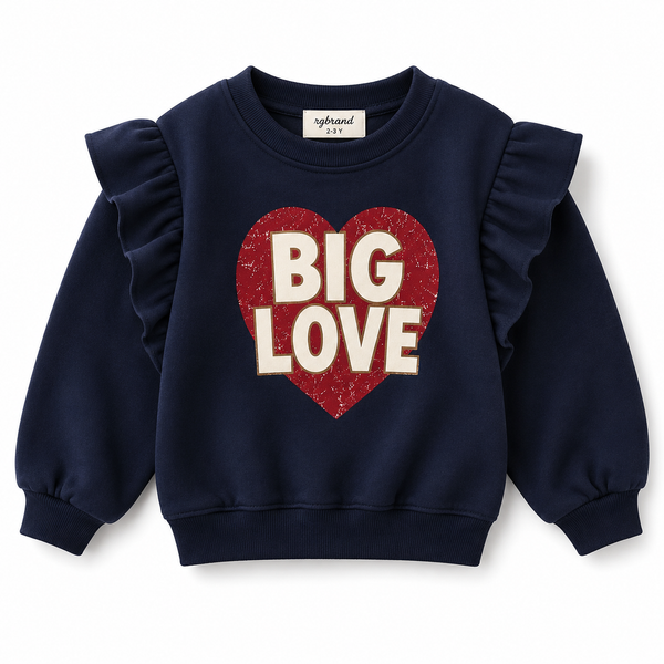 Lacivert kız çocuk sweatshirt, kırmızı Big Love kalp baskısı ve omuz fırfırlarıyla önden görünüm | RG1793