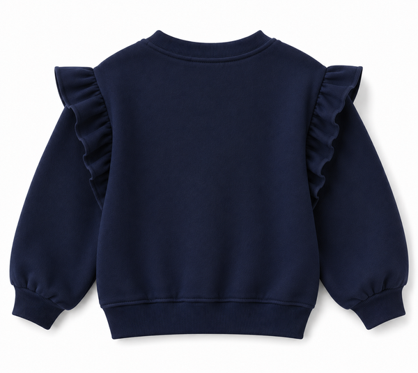 Lacivert kız çocuk sweatshirt, omuz fırfırlarıyla arkadan ürün görünümü | RG1793