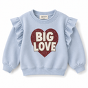 Mavi kız çocuk sweatshirt, Big Love kalp baskısı ve omuz fırfırlarıyla önden ürün görünümü | RG1793
