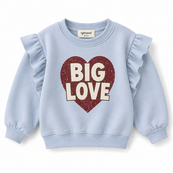 Mavi kız çocuk sweatshirt, Big Love kalp baskısı ve omuz fırfırlarıyla önden ürün görünümü | RG1793