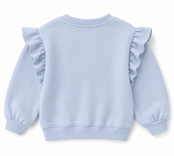 Mavi kız çocuk sweatshirt, omuz fırfırlarıyla arkadan ürün görünümü | RG1793
