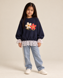 Kız Çocuk Sweatshirt | Papatya Baskılı Dantel Detaylı | 3–9 Yaş | Ekru, Pembe, Lacivert | RG1796