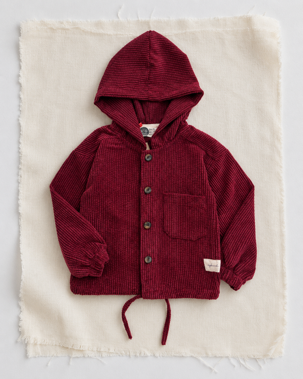RG Brand RG1798 burgundy hooded button-up corduroy kids' jacket with chest pocket, front view.