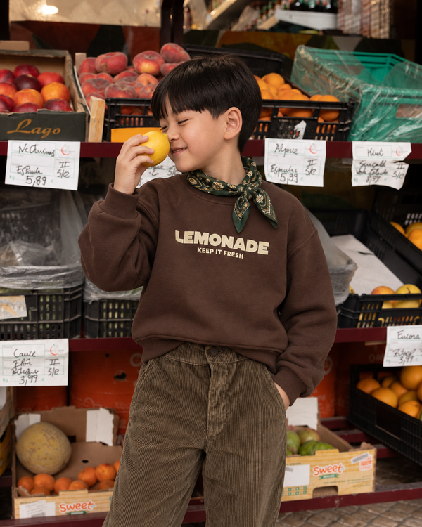 RG Brand RG1805 bordo mürdüm Lemonade baskılı çocuk sweatshirt; manavda limonla doğal lifestyle poz.