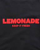 RG Brand RG1805 lacivert sweatshirt, kırmızı Lemonade baskısı ve kumaş dokusu yakın plan