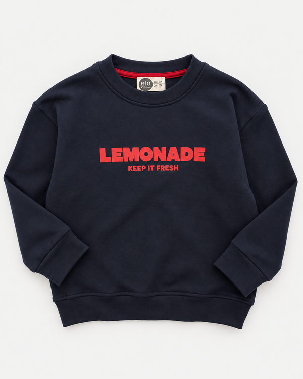 RG Brand RG1805 lacivert çocuk sweatshirt, kırmızı Lemonade Keep It Fresh baskısı, ön görünüm
