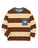 RG Brand RG3734 sarı ve kahverengi çizgili, mavi yakalı ve cepli 9–15 yaş çocuk sweatshirt ön görünümü.