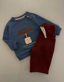 İndigo düğmeli omuzlu bebek sweat kazak, bordo eşofman pantolonla kombin, 6 ay-4 yaş - RG405
