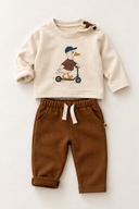 RG Brand RG415 baby outfit with an ecru duck-print top and brown trousers, front view.
